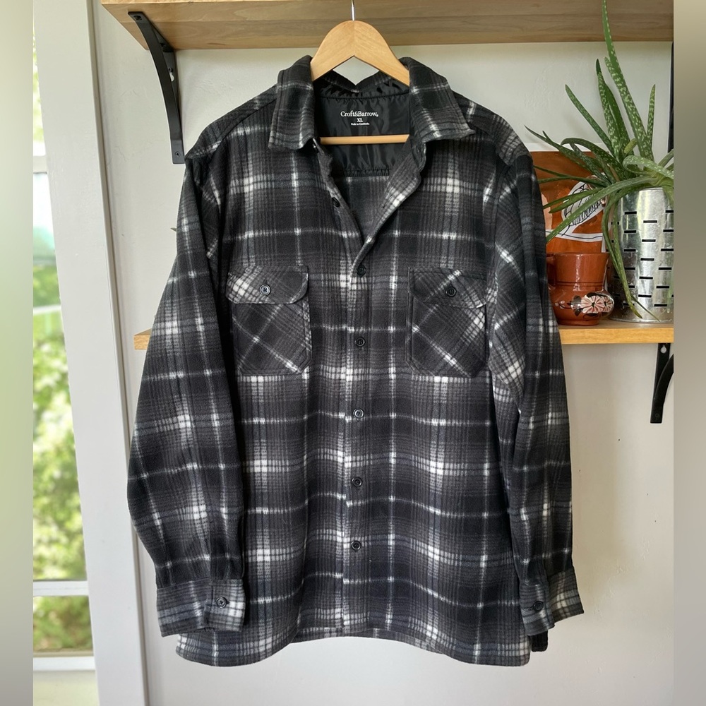 Croft & Barrow Black White Plaid Fleece Shacket Button Down Shirt Unisex Sz XL